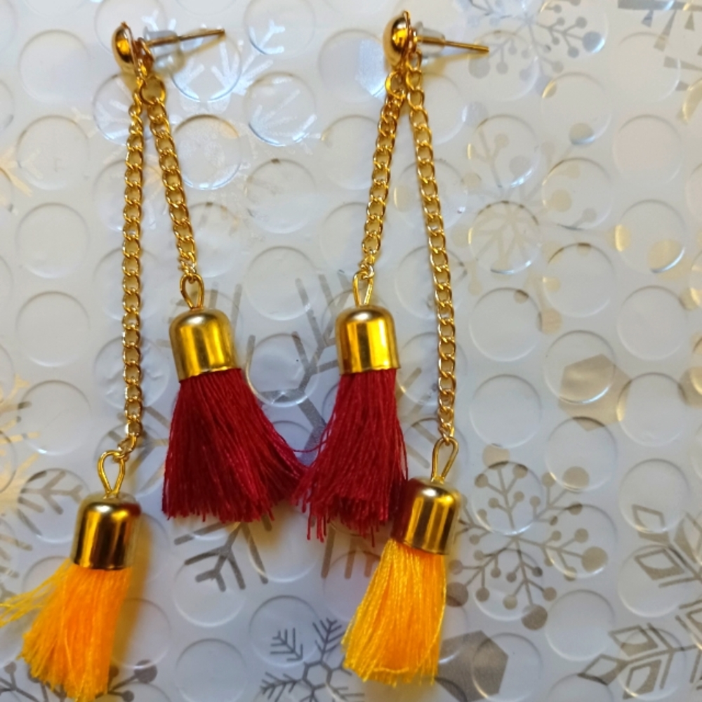 Red and yellow double or single dangle tassel earrings